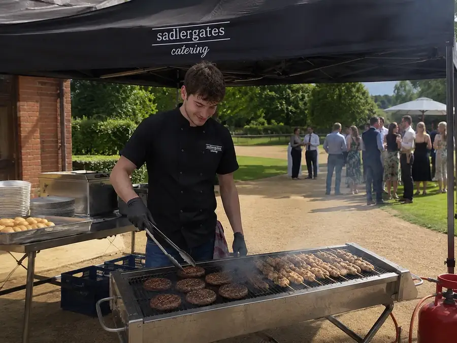 Catering team plating and serving food during a busy event
