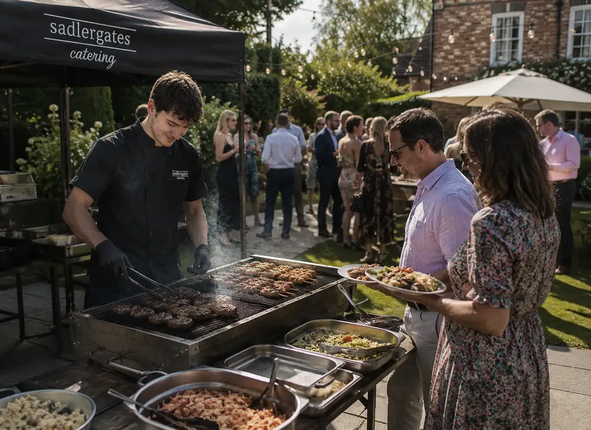 Flame-grilled burgers and skewers sizzling on the grill beside fresh bread rolls