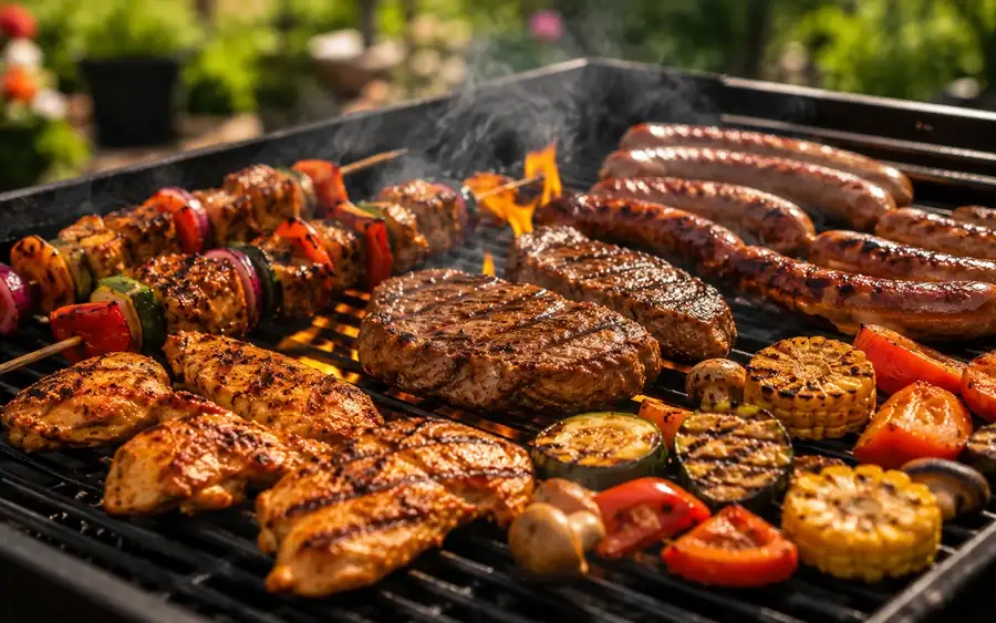 Burgers and sausages cooking over the coals at an outdoor party