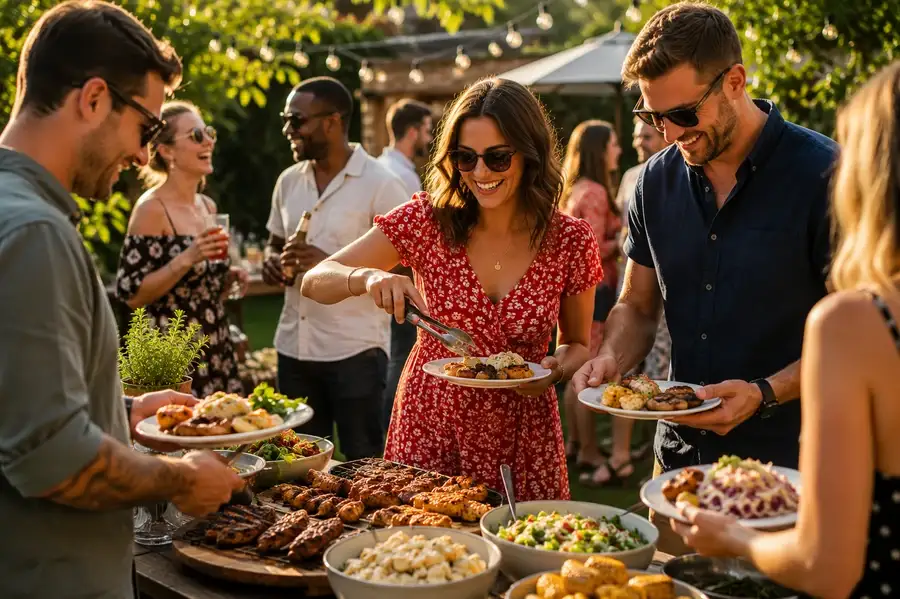 Guests queuing at the grill as chefs serve burgers in fresh rolls