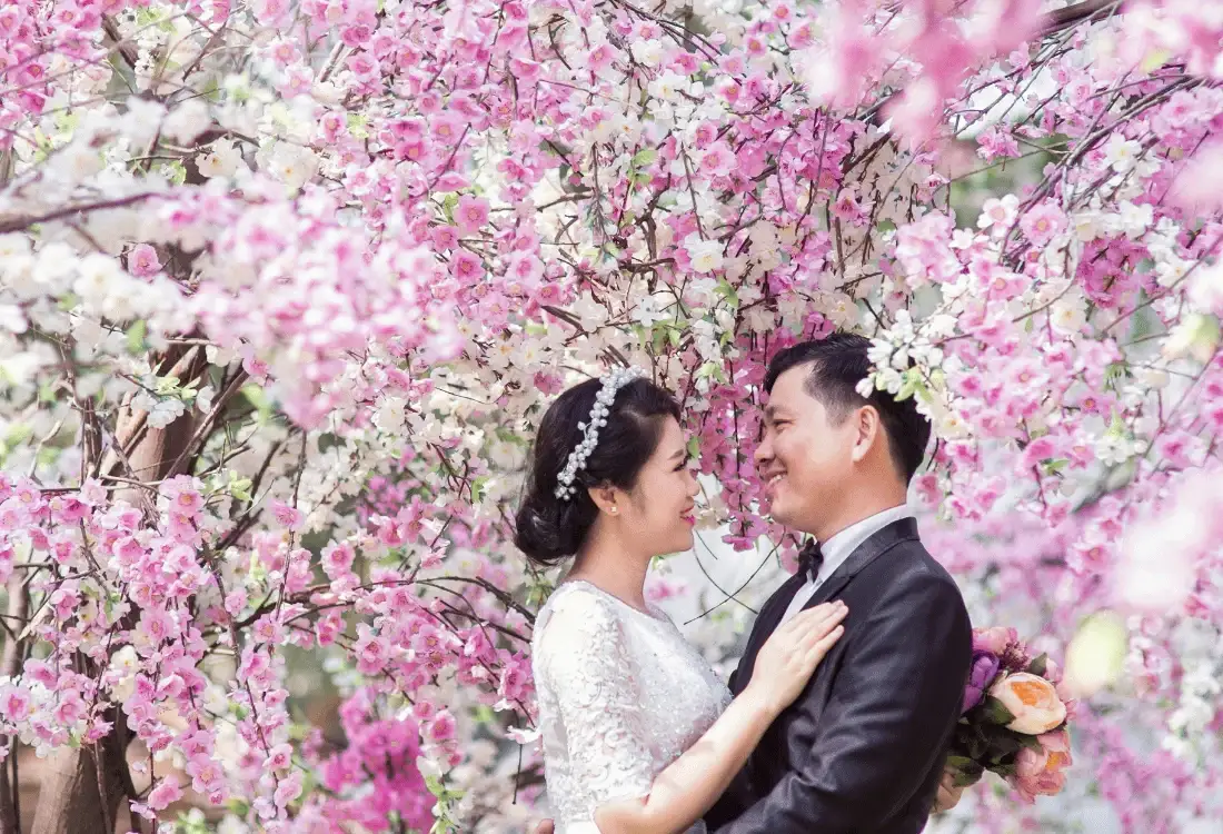 A couple poses under a cherry blossom tree for their spring wedding.