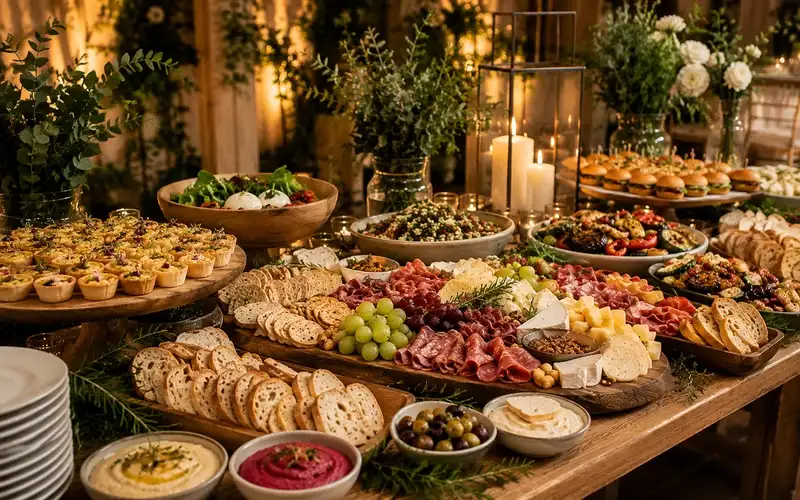 Grazing table loaded with cheeses, charcuterie, breads and fruit
