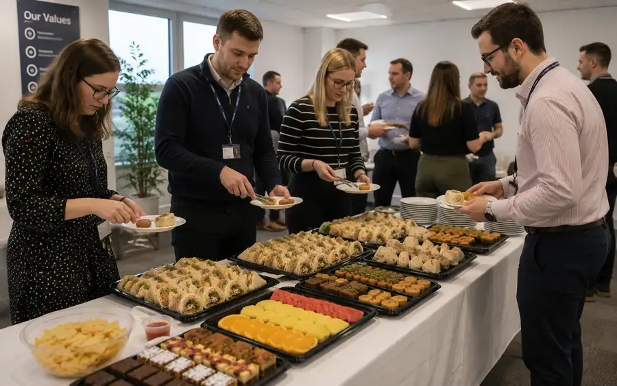 Buffet table laid with sandwiches, savouries and salads