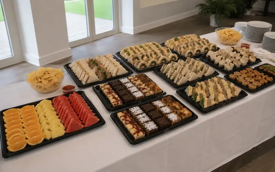Sandwiches, savouries and cakes arranged on platters