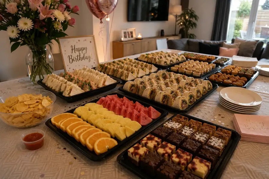 Platters of sandwiches, fruit and cakes laid out for guests