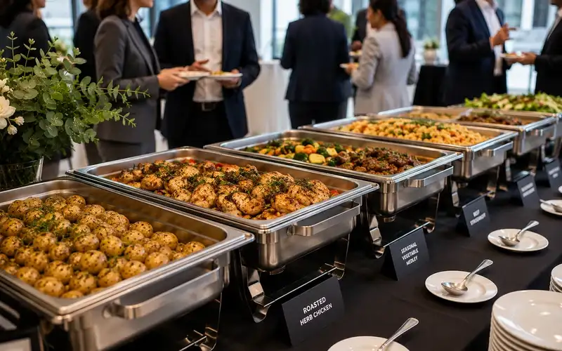 Serving staff plating hot food at a corporate event