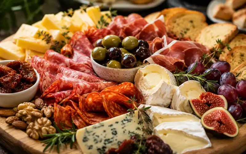 Close-up of a buffet platter of filled rolls and garnishes