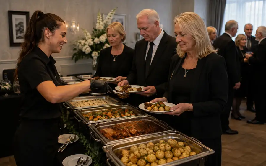 Tea and a sandwich buffet set out quietly for a gathering after a funeral