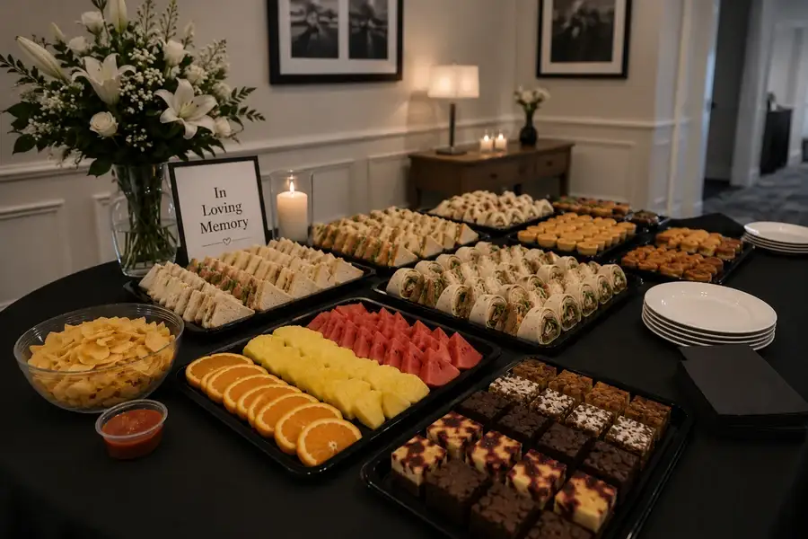 Guests quietly helping themselves to a buffet in a function room