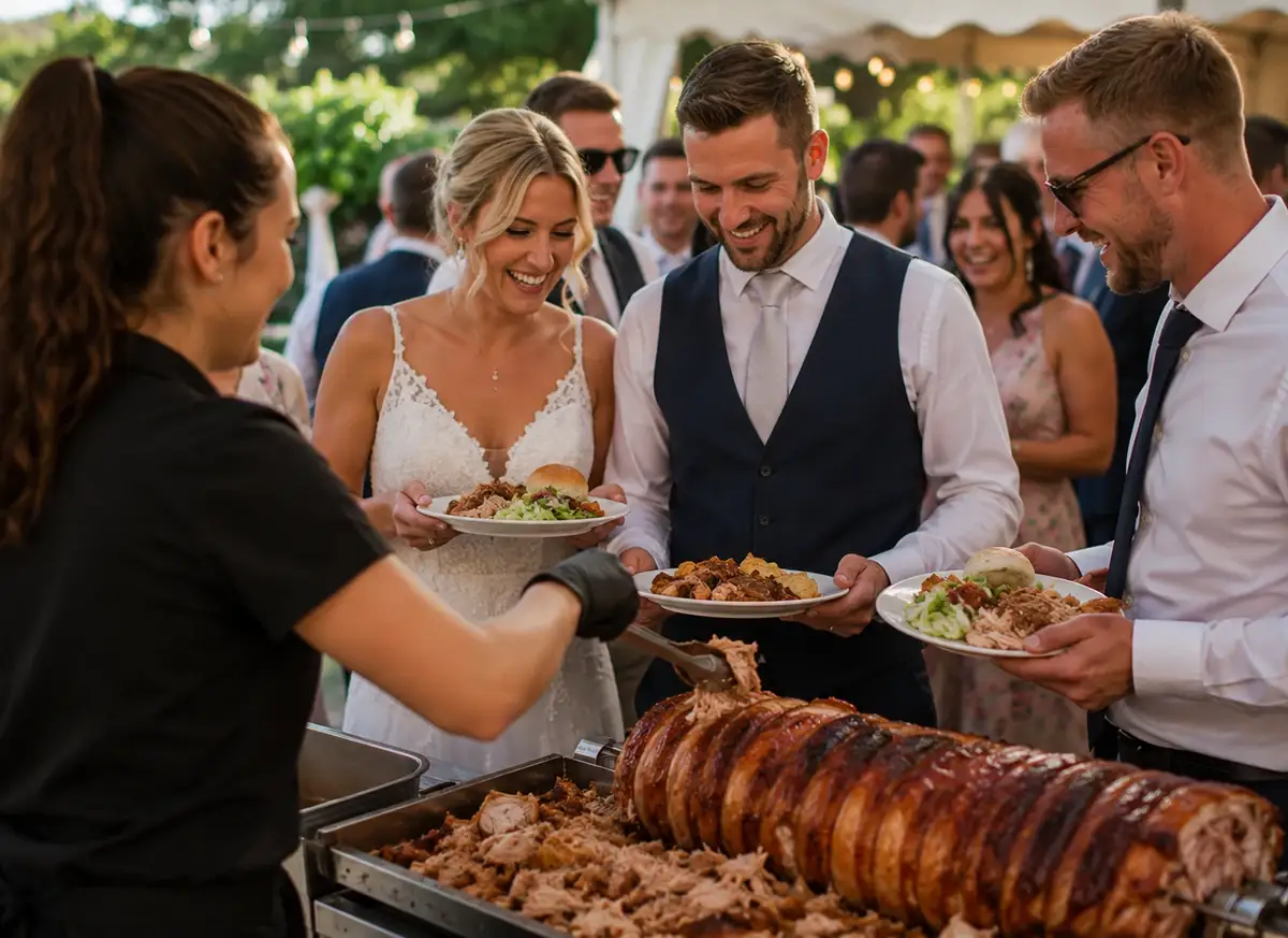 Chef carving roast pork from a hog roast into fresh bread rolls