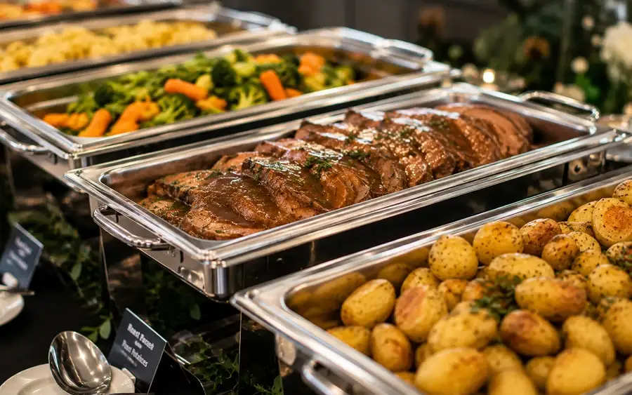 Hot buffet chafing dishes with carved meats and roast potatoes