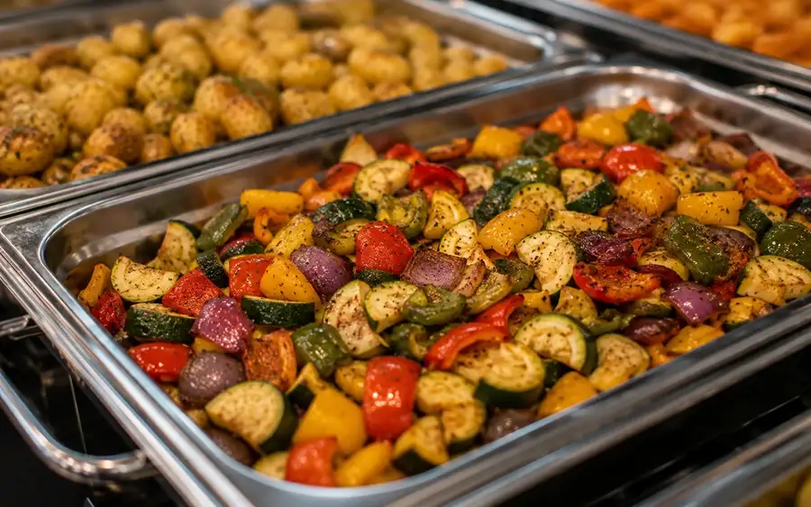 Serving dishes of Moroccan lamb and couscous on a buffet table