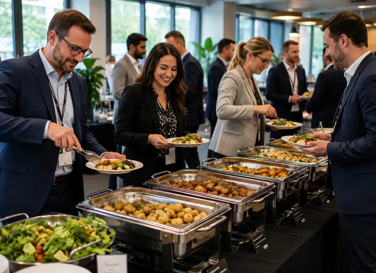 Chef plating hot food from chafing dishes at a catered event