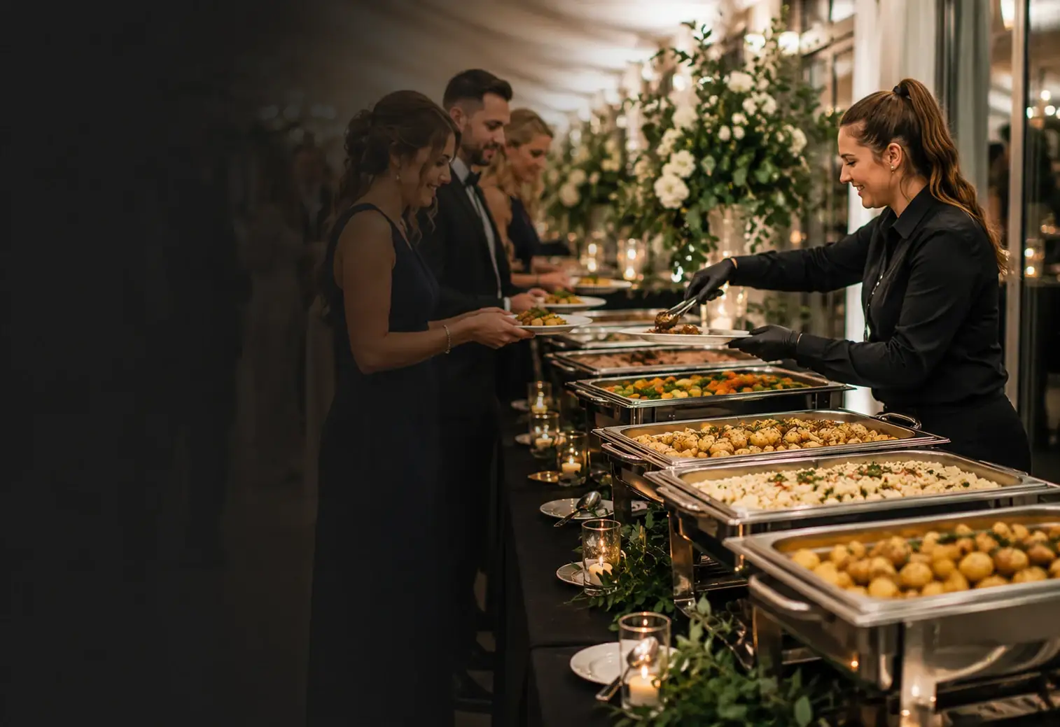 Hot buffet chafing dishes filled with carved meats, roast potatoes and vegetables