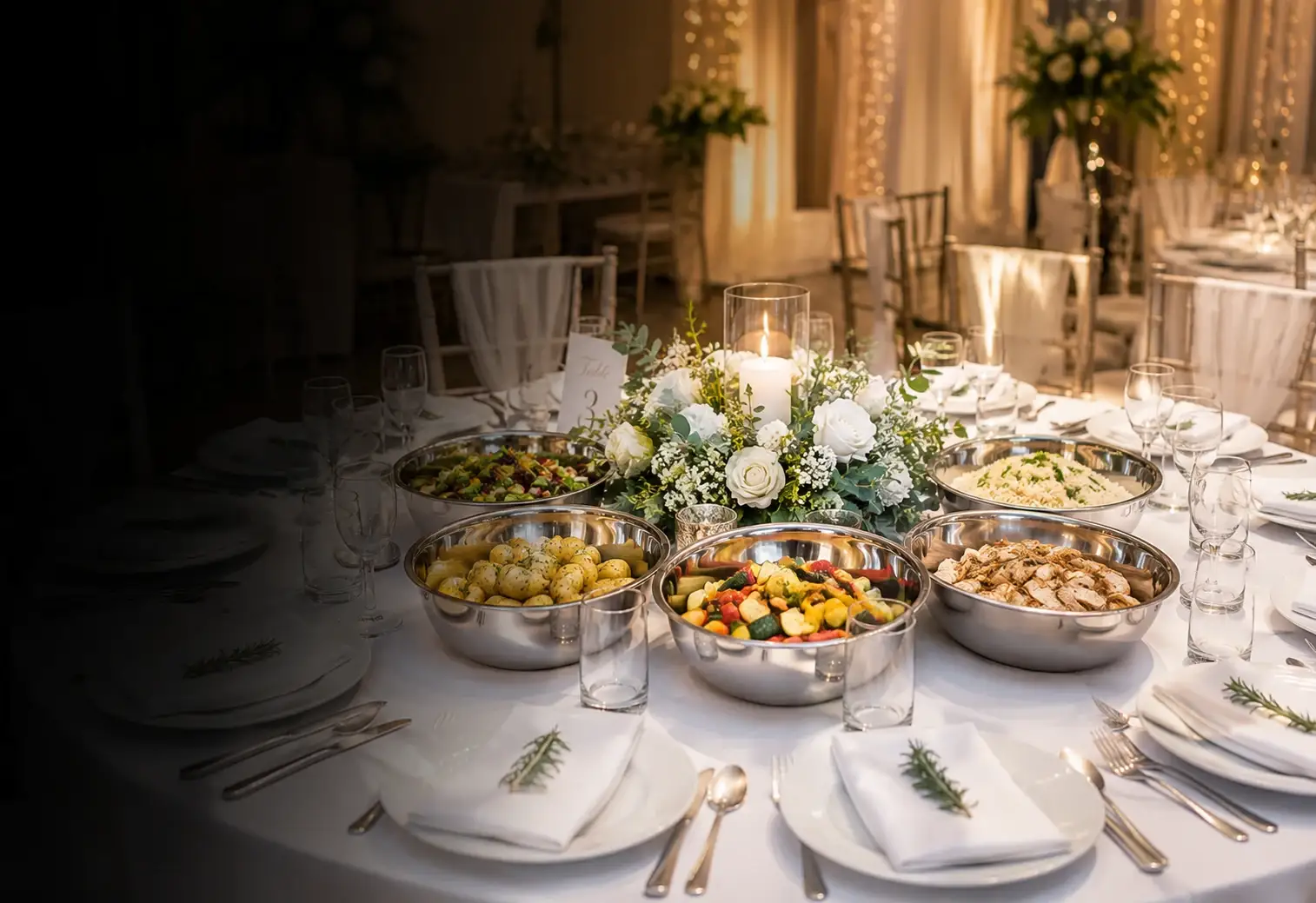 Long sharing table with a grazing spread of cured meats, cheeses, breads and dips down the centre