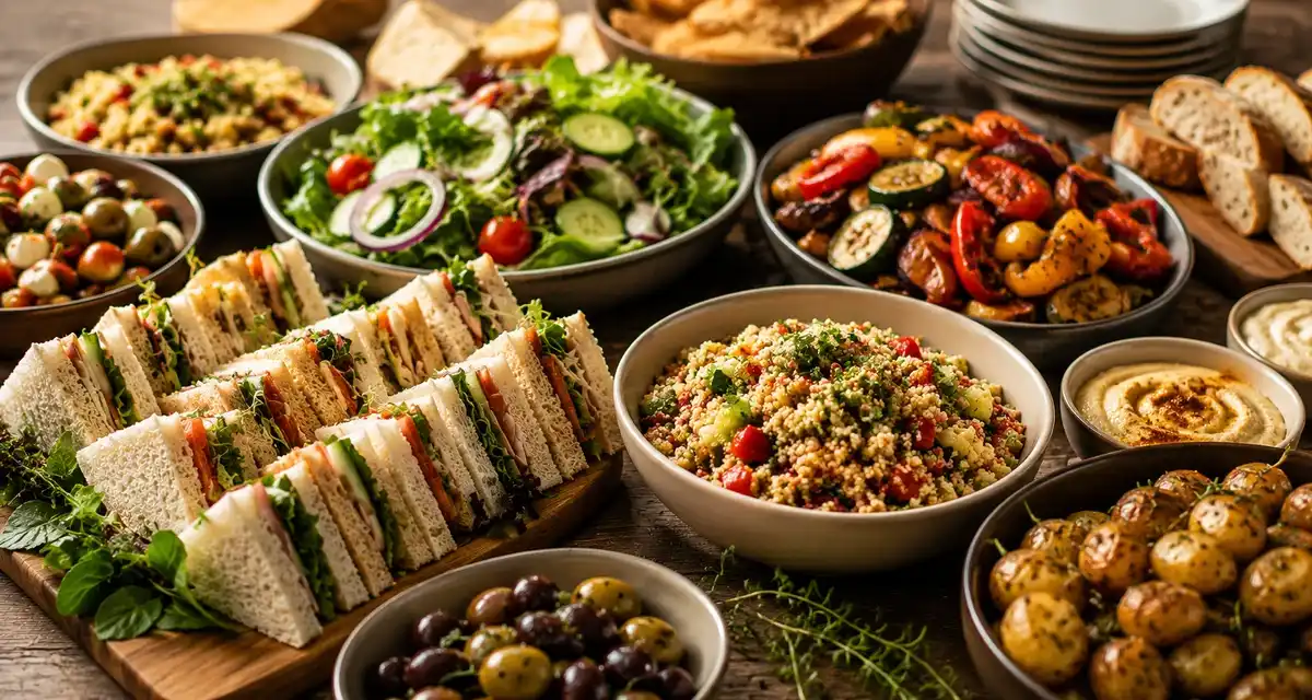 Buffet spread of wraps, filled rolls and sharing platters