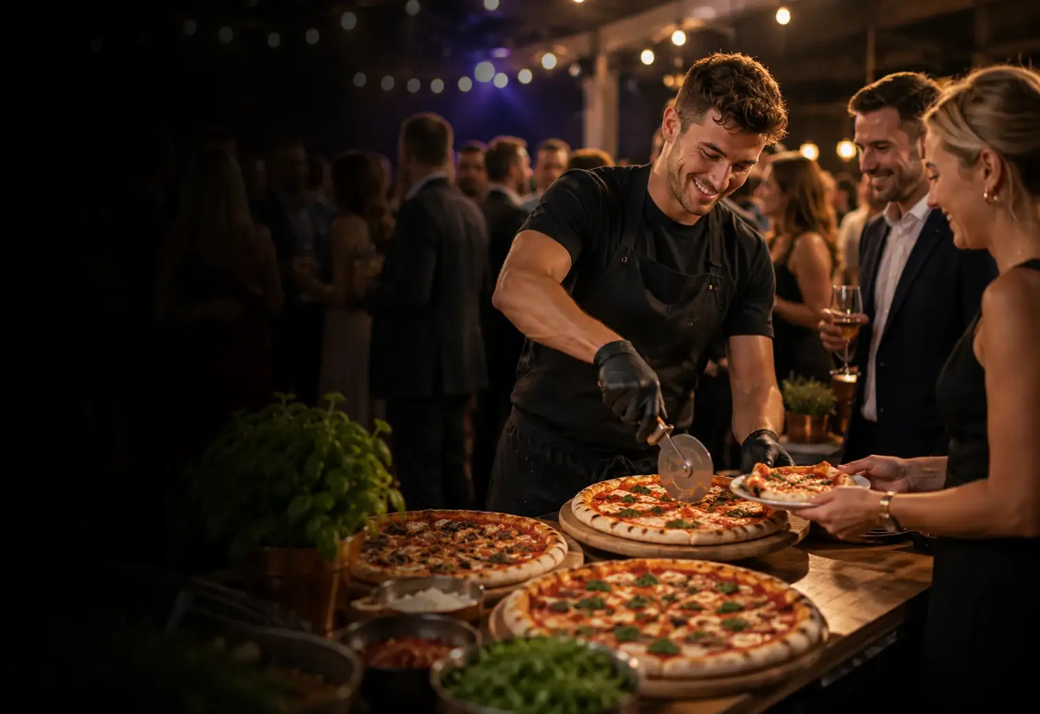 Guests serving themselves from a buffet at an event