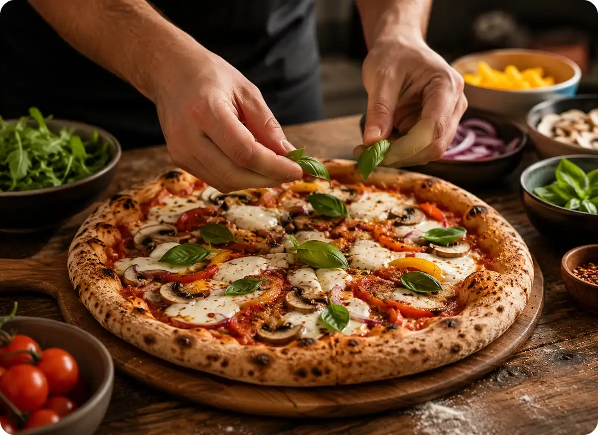 Chef hand-stretching pizza dough beside the mobile gas-fired oven