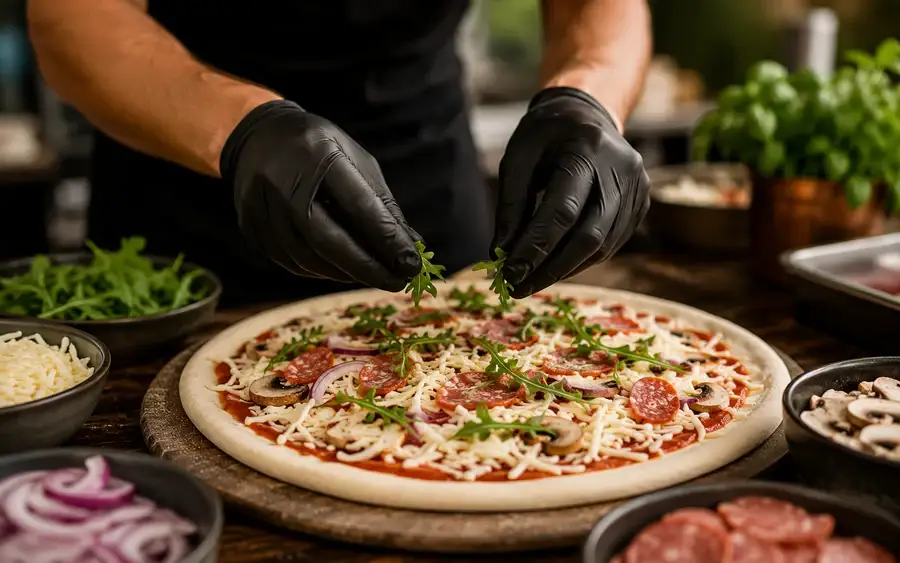 Pizza chef sliding a topped base into the gas-fired oven