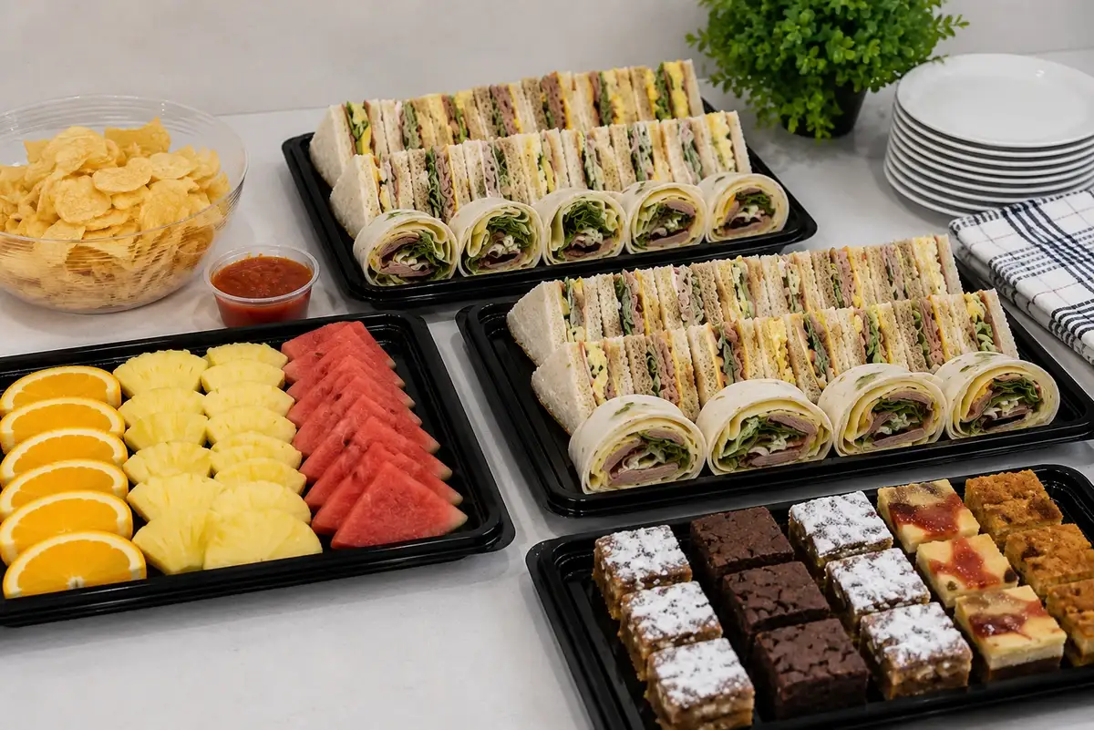 Assorted sandwich rounds and savoury bites on serving platters