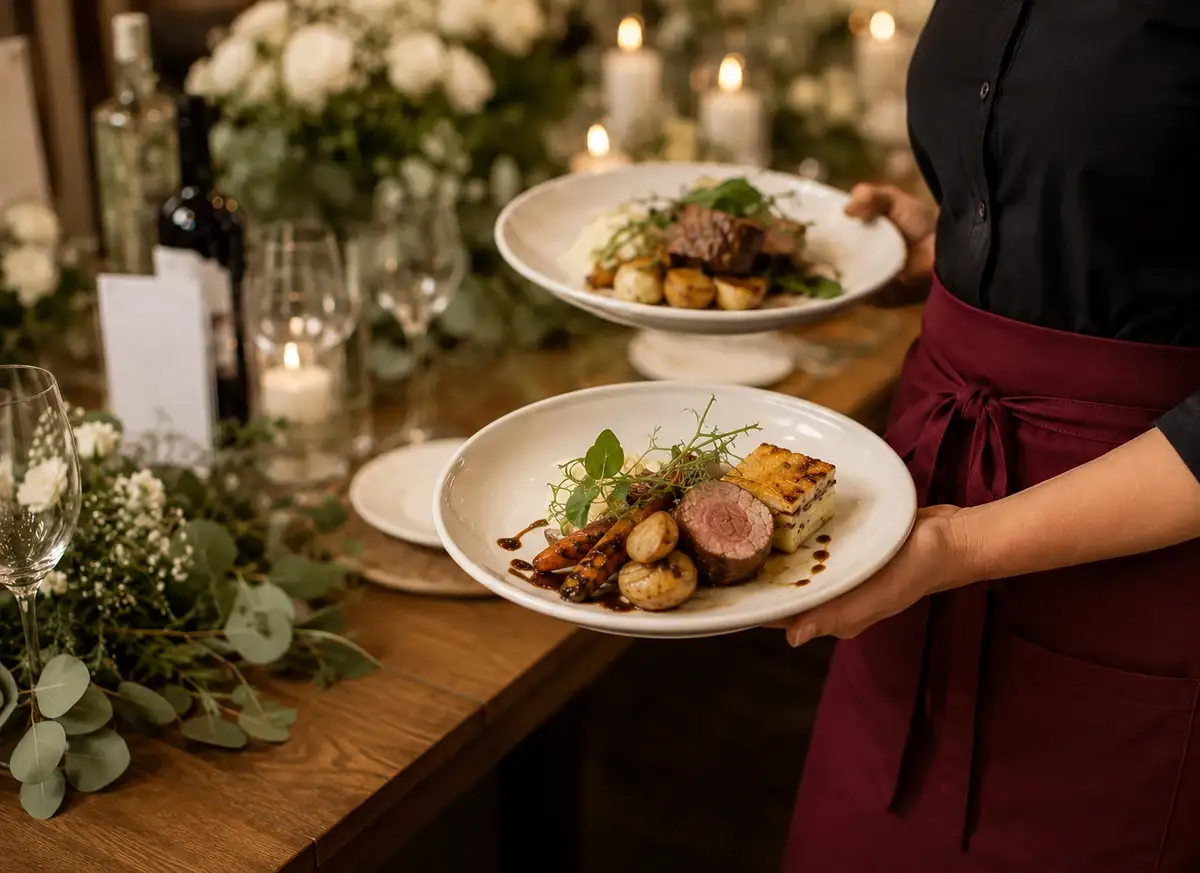 Chef plating a wedding main course in a venue kitchen