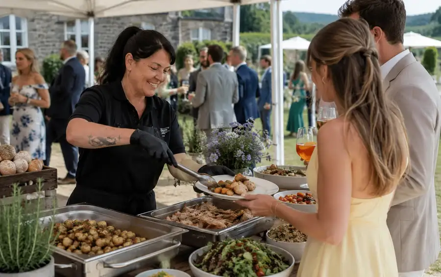 Serving staff plating a wedding breakfast