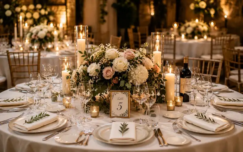 Wedding table set with glassware, linen and floral centrepieces