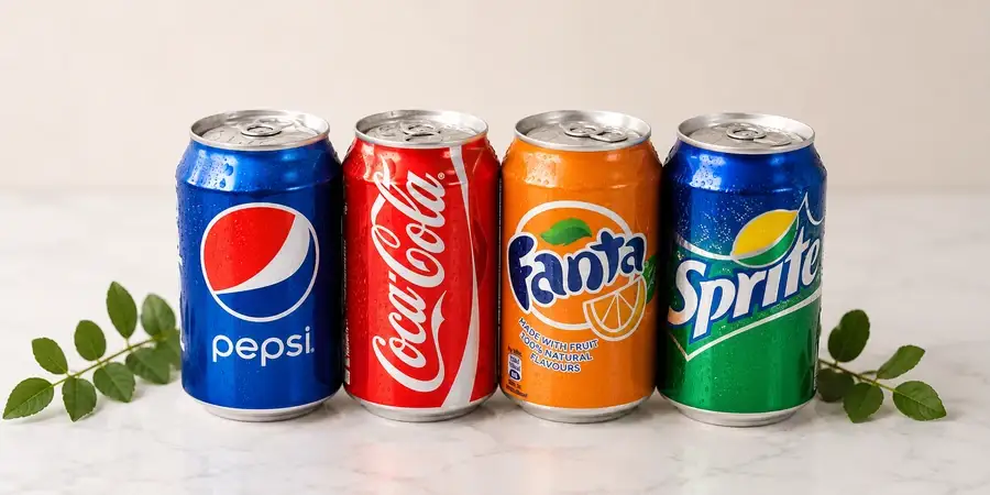 Chilled cans of soft drinks in a mixed selection