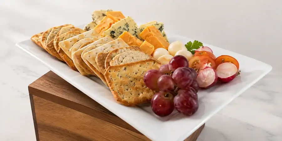 Board of English and French cheeses with chutney, grapes and crackers