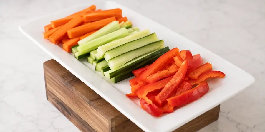 Chopped carrots, cucumber and cherry tomatoes with a dipping sauce