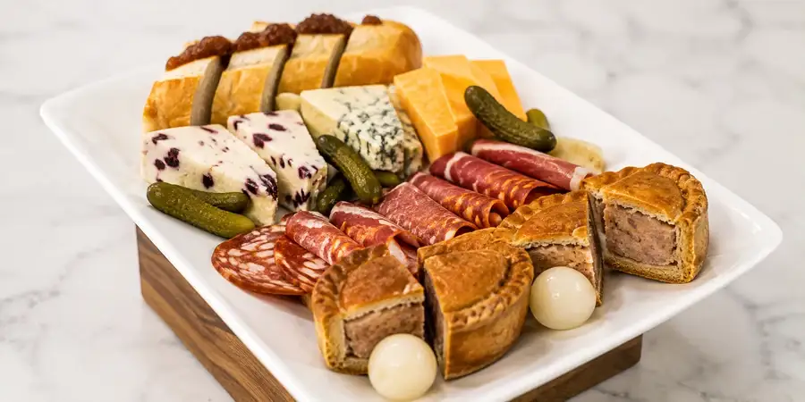 Ploughman's platter with cheese, ham, pickles and bread