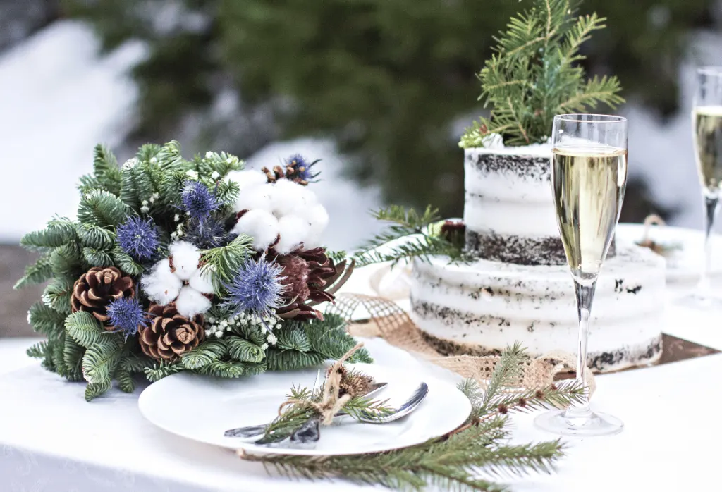 A winter wedding with christmas themed catering decoration