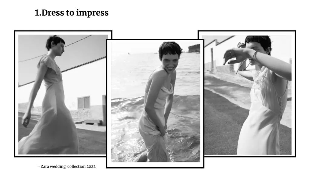 Slide headed ‘1. Dress to impress’: three black and white photographs of a model in a satin slip wedding dress by the sea, captioned Zara wedding collection 2022