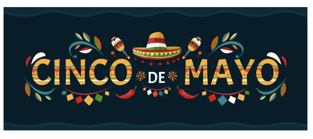 An illustrated Cinco de Mayo banner with a sombrero, maracas, chillies and bunting