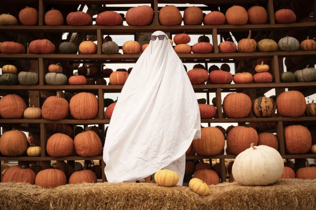Someone in a white sheet ghost costume and sunglasses standing on straw bales in front of shelves of pumpkins