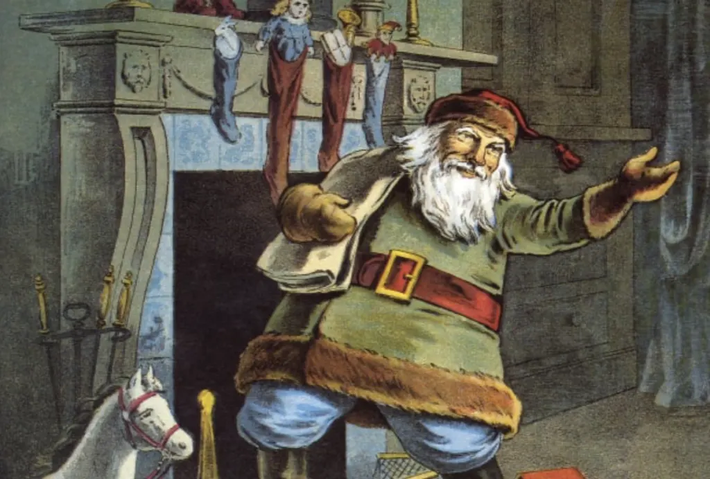 A vintage illustration of Father Christmas beside a fireplace hung with stockings